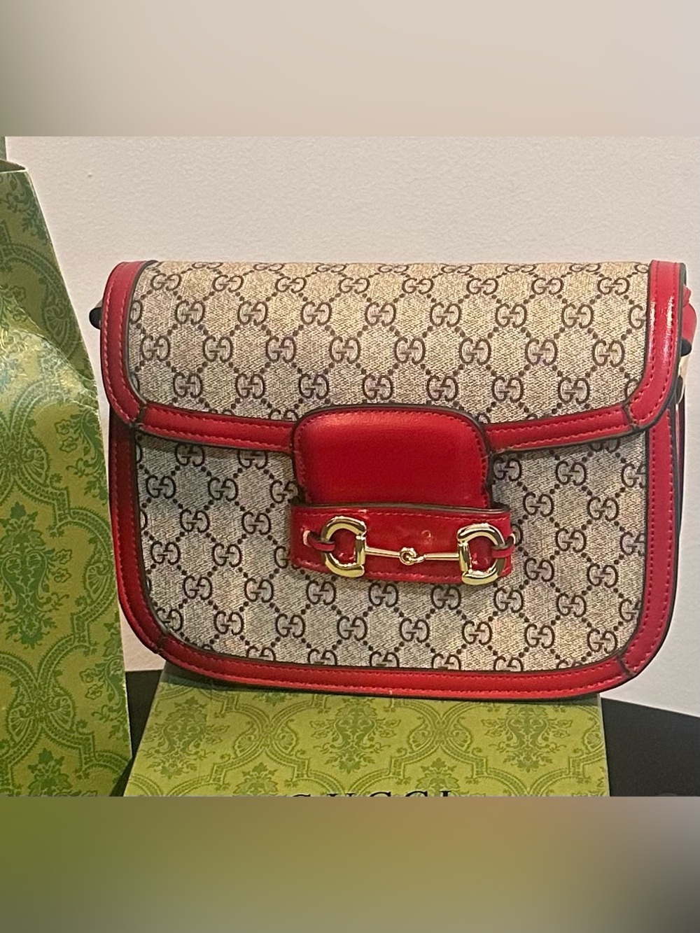 Gucci Beige GG Canvas Crossbody with Red Leather Trim and Gold Horsebit